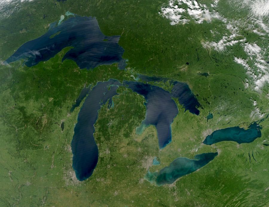 Satellite photo of the five Great Lakes, Huron, Ontario, Michigan, Erie, and Superior, seen from space with no clouds over the lakes